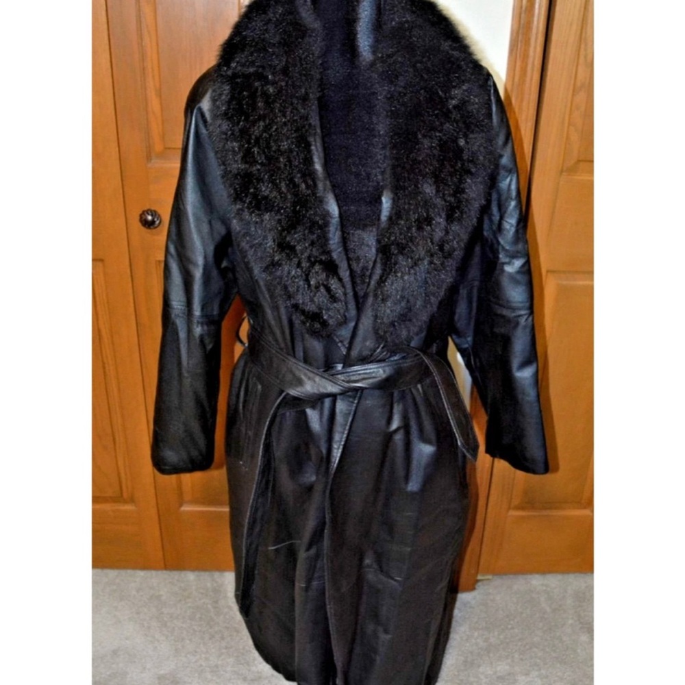 Women's RALLEE Leather Maxi Trench Coat LARGE Fur Collar EXTRA LONG